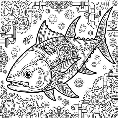 Embark on a thrilling coloring journey with this captivating Steampunk Thunnosaurus, where ancient marine life meets mechanical marvels. Unleash your imagination as you bring to life a fantastical retro-futuristic creature amidst intricate Victorian details.