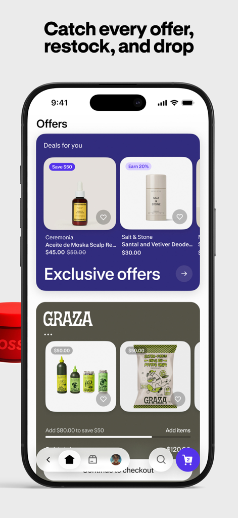 Interface móvel da aplicação Shop exibindo ofertas de produtos personalizadas e ofertas exclusivas de marcas