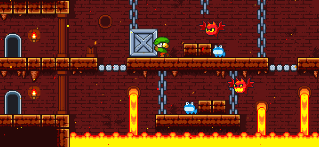 Tiny Dangerous Dungeons Remake - Pixel art platformer gameplay featuring Timmy pushing a crate in a retro dungeon with lava and enemies