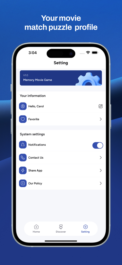 Read Progre: Movie Puzzle - Settings screen of the Read Progre movie puzzle app showing user profile and system preferences