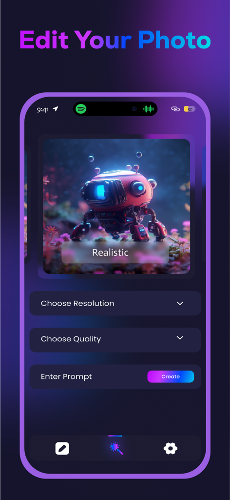 DeepAI: AI Image Generator - DeepAI App-Oberfläche, die einen KI-generierten roten Roboter mit Optionen zur Bearbeitung der Auflösungsqualität und zur Eingabe eines Prompts zeigt