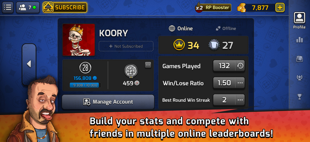 Player profile screen in the Pocket Estimation app displaying game statistics XP levels and a custom skeleton avatar