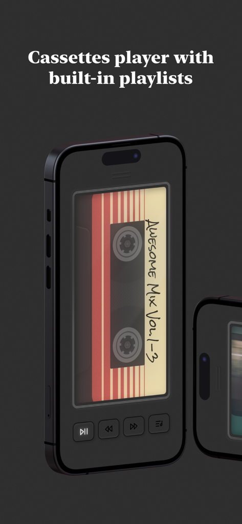 MuseList：Play your loved songs - MuseList mobile app interface featuring a retro cassette player design and the Awesome Mix playlist
