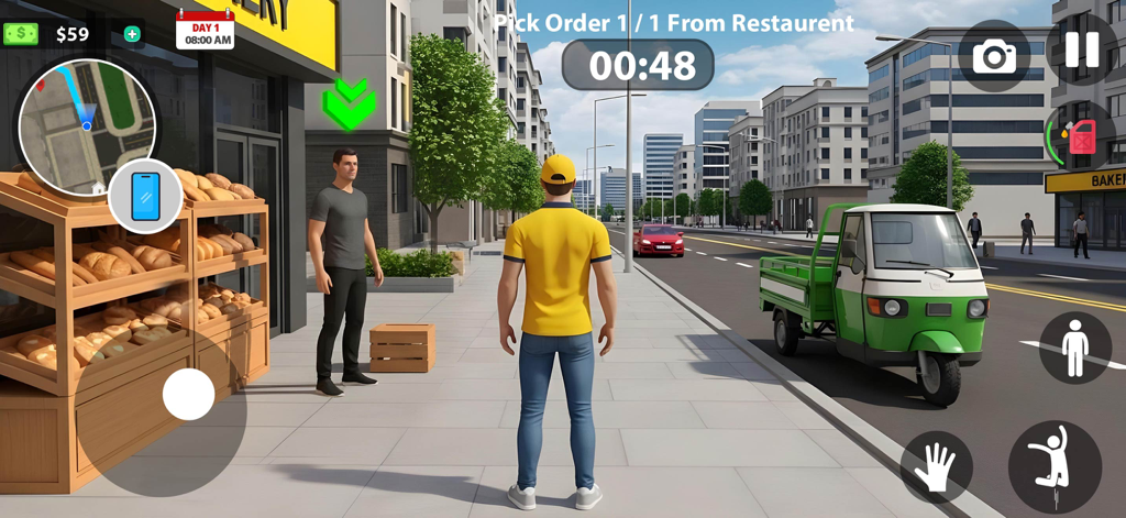 Courier Delivery Simulator - A delivery person standing on a city sidewalk next to a bakery stall and a green delivery vehicle in a city simulation game.