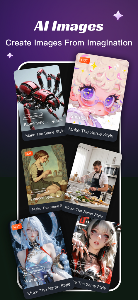 Interfaz de la aplicación SkyArt AI mostrando diferentes estilos de imágenes generadas por IA, incluyendo personajes de anime y escenas realistas