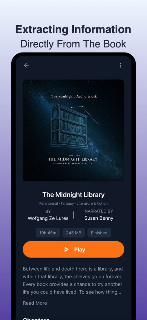 Offline Audio Book Player - Interfaz de la aplicación HearBook que muestra información detallada del audiolibro y la carátula extraída del archivo