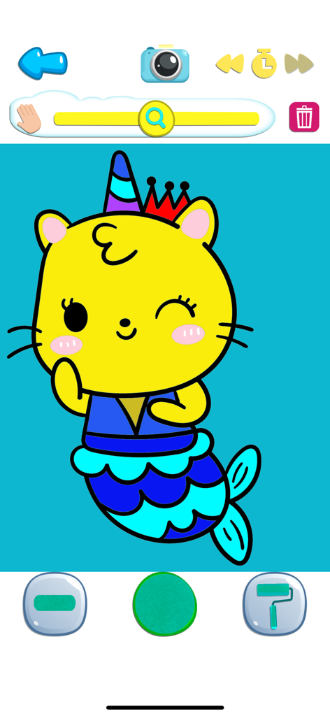 Kawaii Unicorn: Coloring World - Uma sereia gato kawaii amarela com um chifre de unicórnio e coroa em uma interface de colorir digital