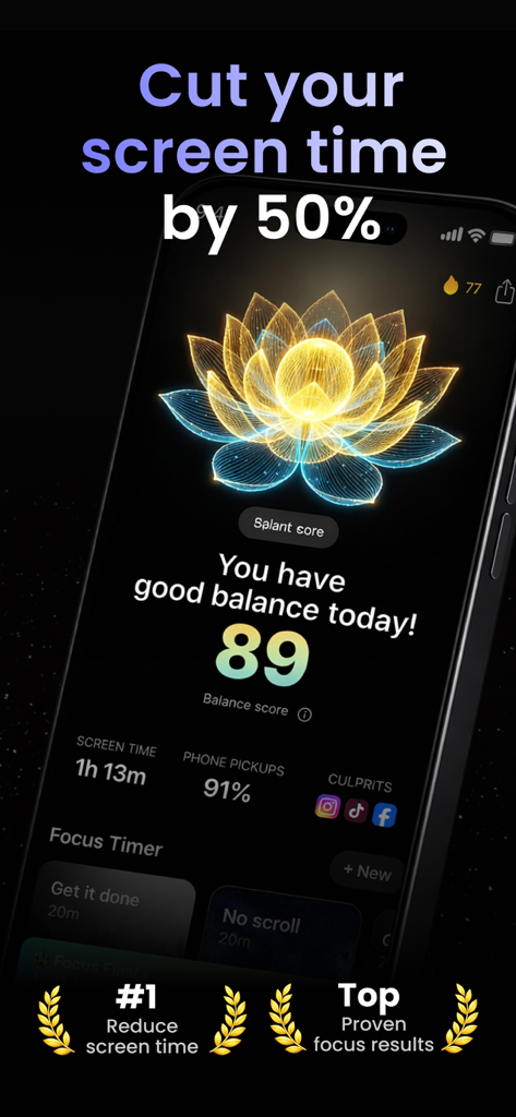 Pondアプリのインターフェース。デイリーバランススコア89、スクリーンタイムの指標、光る蓮の花のグラフィックが表示されています。