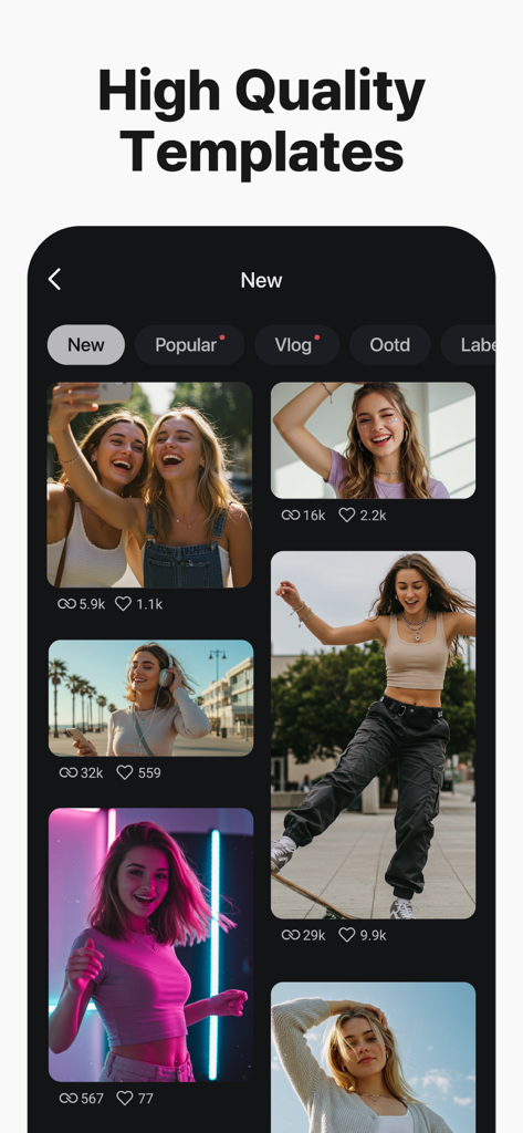 Interfaz de la aplicación KineMaster que muestra plantillas de video de alta calidad para vlogs y contenido de redes sociales