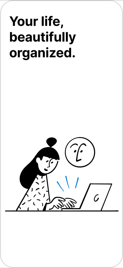 Illustrazione minimalista di una donna che lavora su un laptop con il testo La tua vita splendidamente organizzata