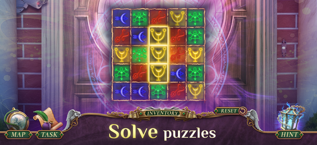 A colorful grid puzzle with glowing symbols in Grim Tales 26 Mystery Game