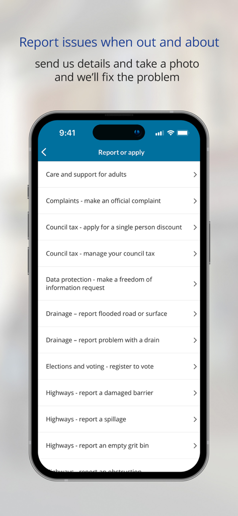 Bildschirm zur Meldung und Bewerbung der App des South Gloucestershire Council mit einer Liste lokaler Dienste
