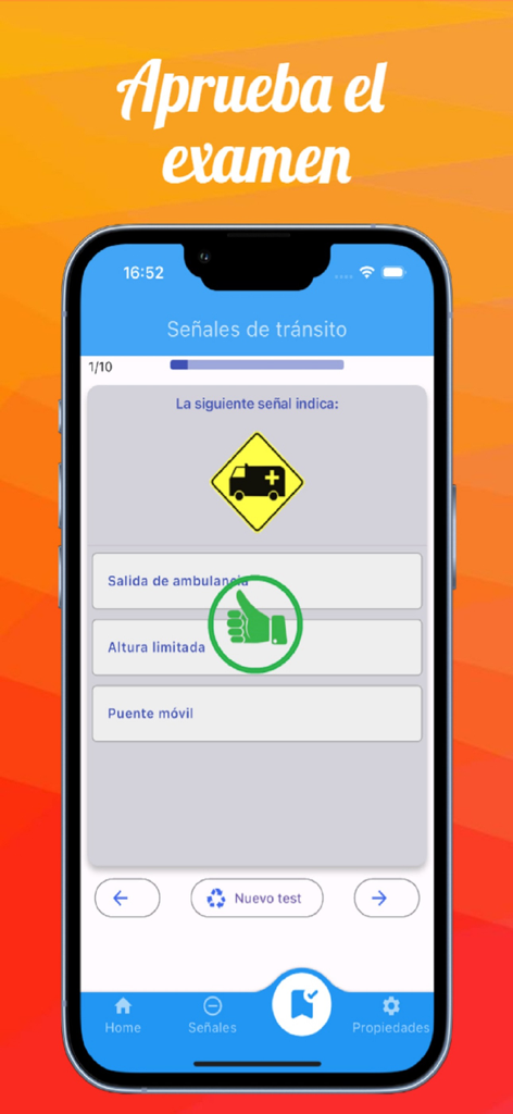 Señales de Transito - スペイン語の運転免許アプリの練習クイズ画面。救急車標識に関する問題が表示されています。