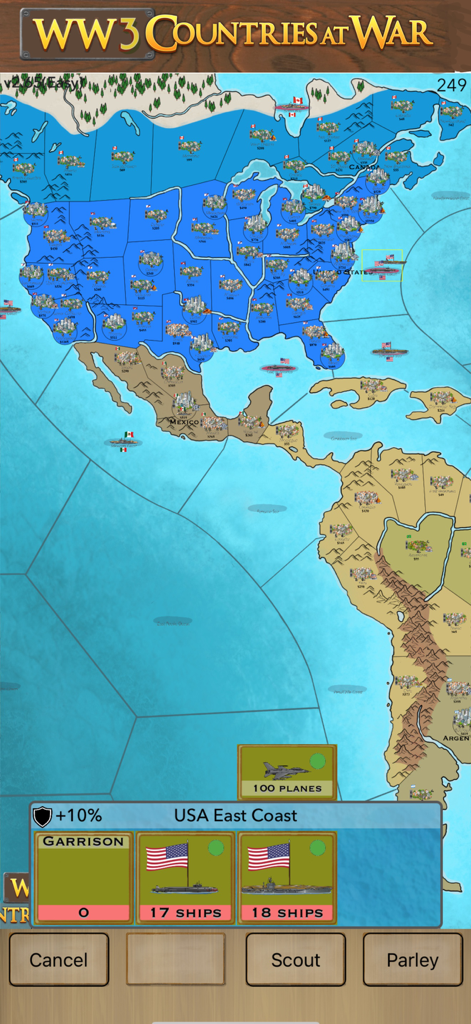 WW3 Countries at War - Strategic world map in WW3 Countries at War showing military unit distribution across North and South America.