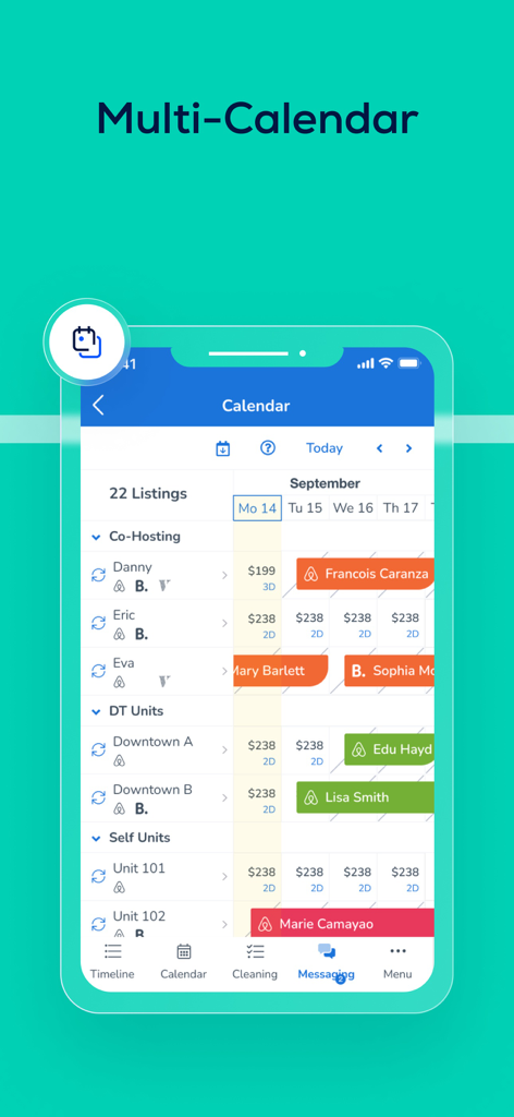 Guesty For Hosts mobile app screen showing a synchronized multi-calendar for multiple property listings with bookings from Airbnb and Booking.com