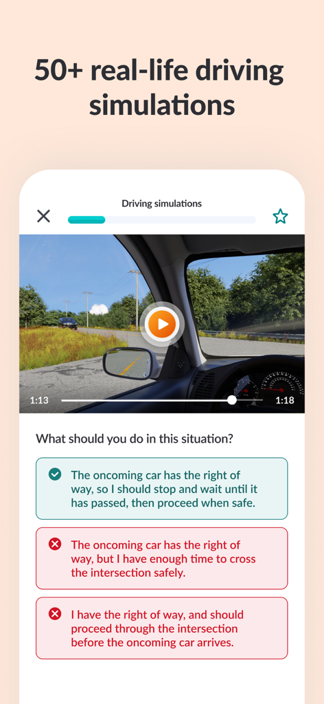 Zutobi: Permit & Driving Prep - Interfaz de la aplicación Zutobi que muestra un video de simulación de manejo en la vida real y una pregunta de opción múltiple sobre el derecho de paso.
