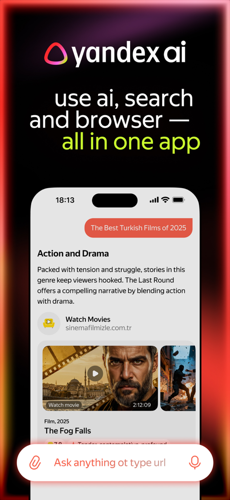 yandex ai: chatbot & assistant - Yandex AI mobile interface showing integrated chatbot search and browser features