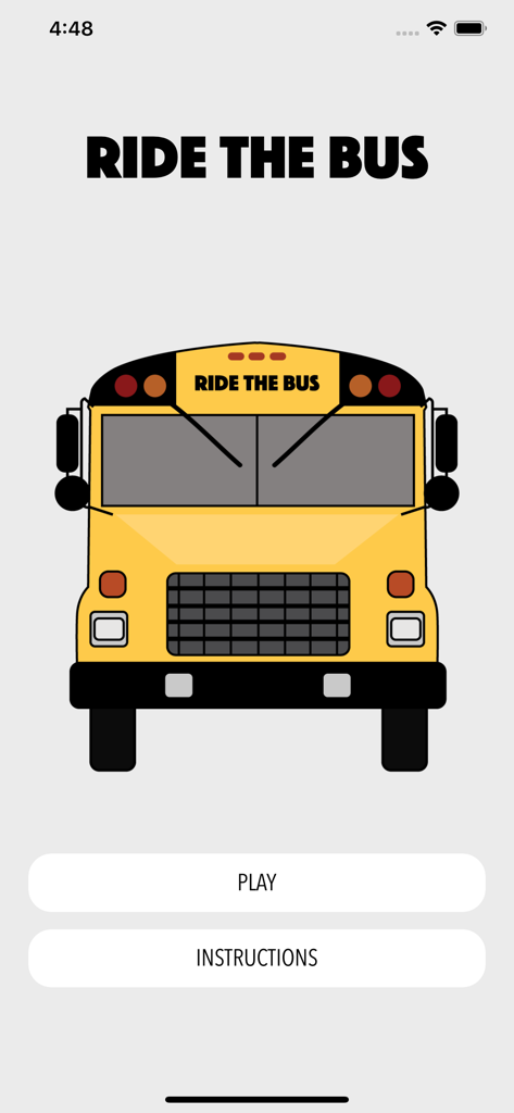 Ride The Bus - Card Game - Main menu of the Ride The Bus card game app with a yellow school bus illustration and play button