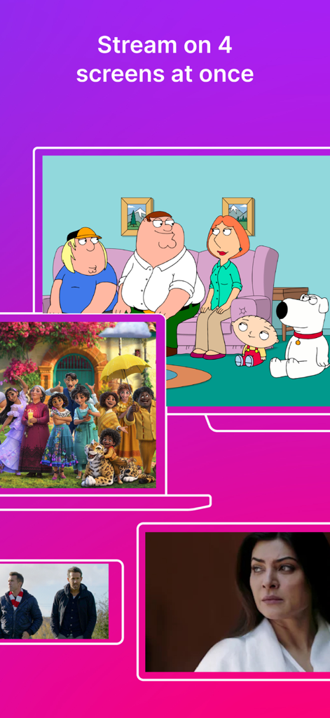 JioHotstar - JioHotstar app feature showing the ability to stream on four screens at once with a variety of content.