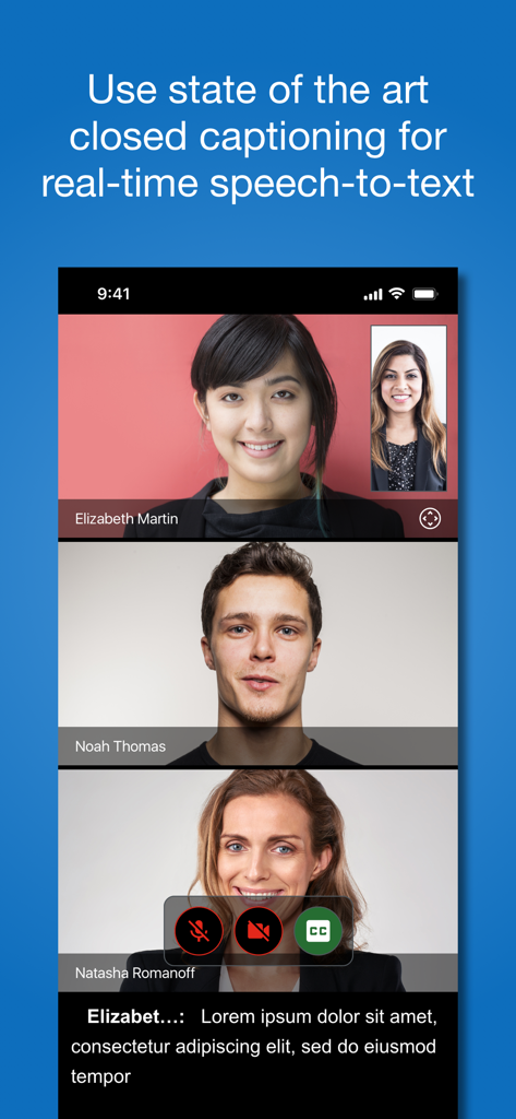 VidyoConnect mobile app interface showing a video conference with real-time closed captioning enabled.