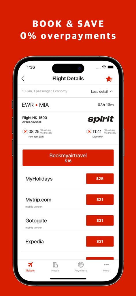 Red Tickets app flight details screen showing a price comparison for a Spirit Airlines flight from Newark to Miami