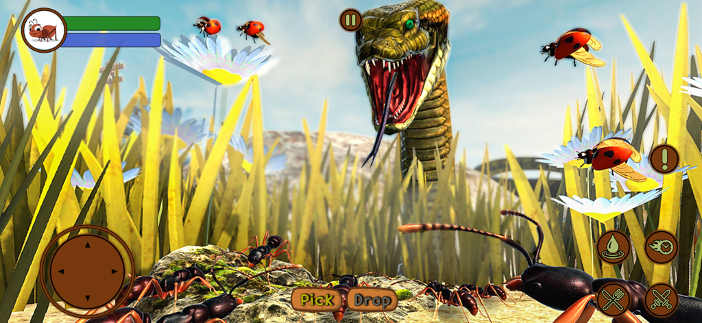 Ant Insect Life Survival War - Gameplay-Screenshot von Ant Survival 3D, der eine Ameise zeigt, die in einer grasbewachsenen Umgebung mit Marienkäfern einem großen Schlangenraubtier gegenübersteht.