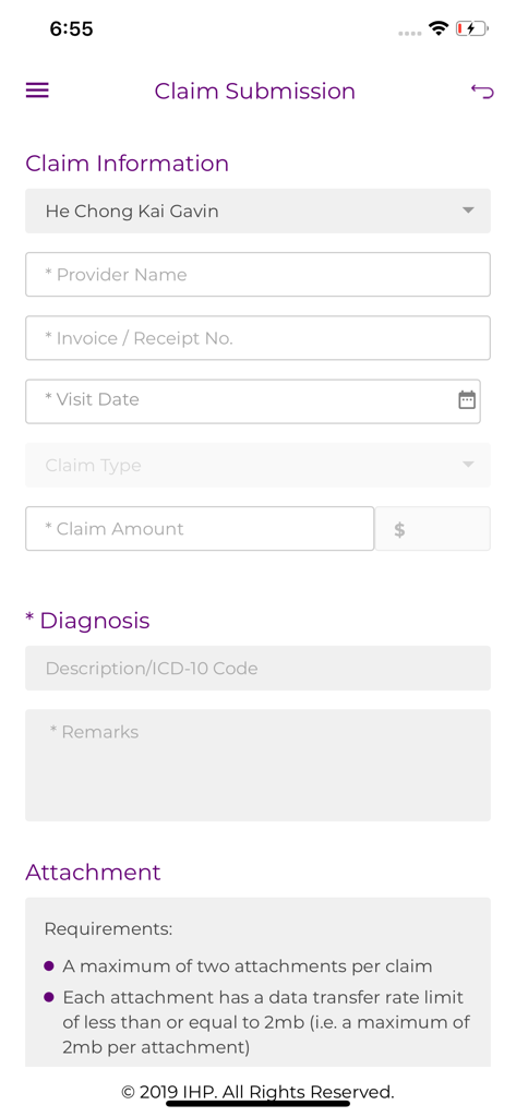 Mobile screen of the IHP App showing a digital claim submission form with fields for provider name, invoice number, visit date, and diagnosis.