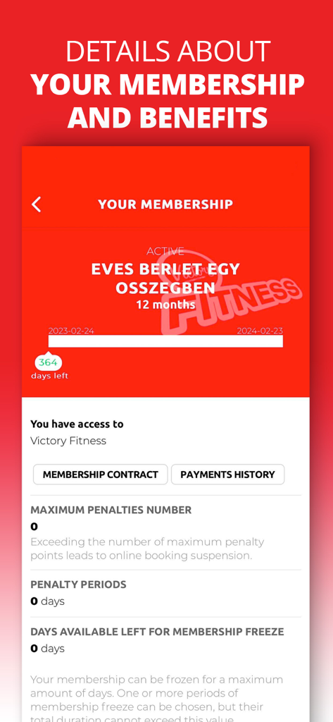 Interfaz de la aplicación Victory Fitness HU que muestra los detalles de la membresía del gimnasio y los días restantes
