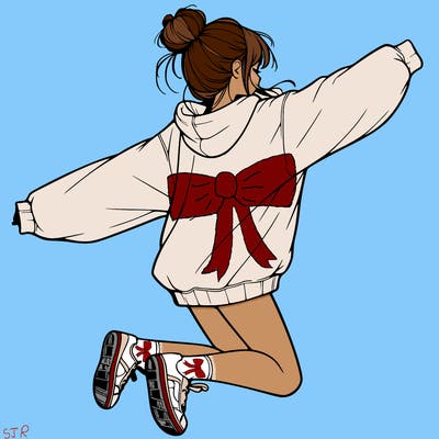 realistic girl jumping with a bun and oversized sweatshirt