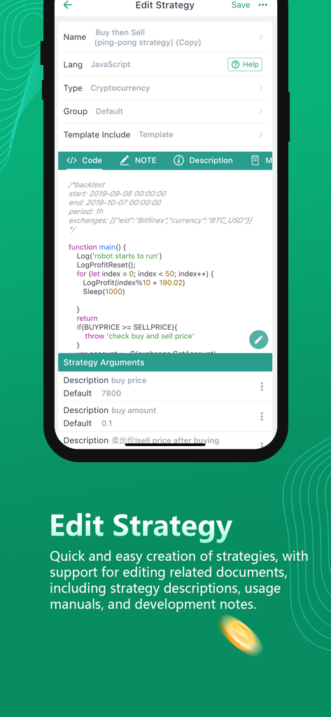 FMZ Quant - A mobile interface of the FMZ Quant app showing a JavaScript code editor for quantitative trading strategies.