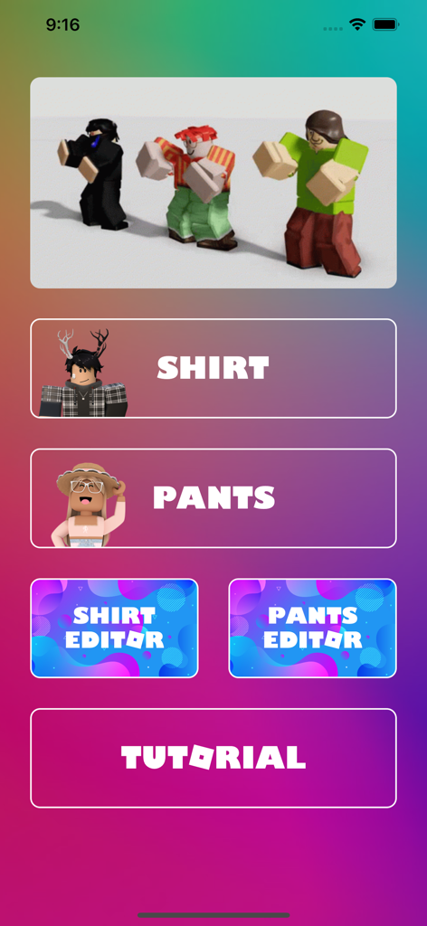 Skins Clothes - Avatar Editor - Main menu of the avatar editor app with shirt and pants customization options