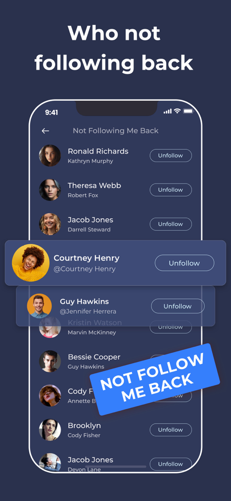 Ein Bildschirm der Unfollowers Tracker App, der eine Liste von Instagram-Nutzern anzeigt, die nicht zurück folgen, mit Optionen, ihnen zu entfolgen.