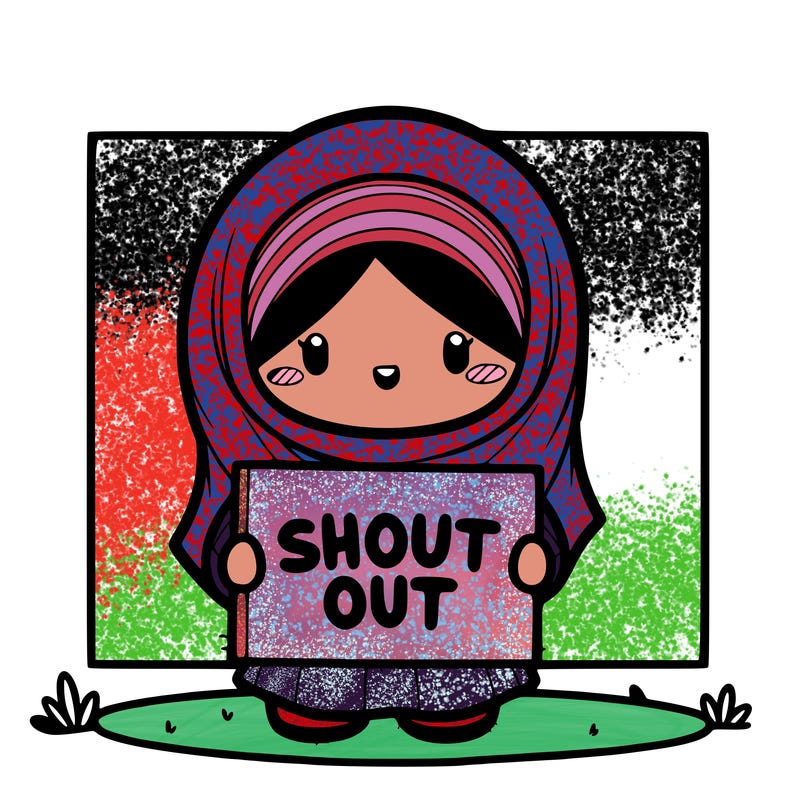 muslin girl holding a  sign saying shout out with a blank background