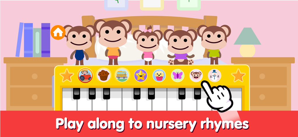 Wow Kids Baby Piano - A colorful kids piano app interface featuring five monkeys on a bed and a keyboard to play nursery rhymes.