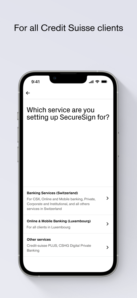 Écran de configuration de l'application SecureSign demandant aux utilisateurs de sélectionner leur région de service bancaire pour la Suisse ou le Luxembourg.