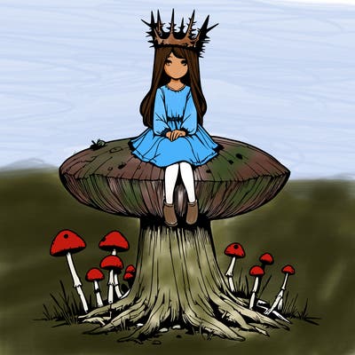 realistic girl sitting on a huge tree stump size toadstool with thorn crown