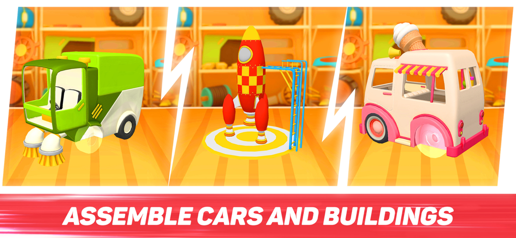 Three colorful vehicles to assemble: a green street sweeper, a red rocket, and a pink ice cream truck.