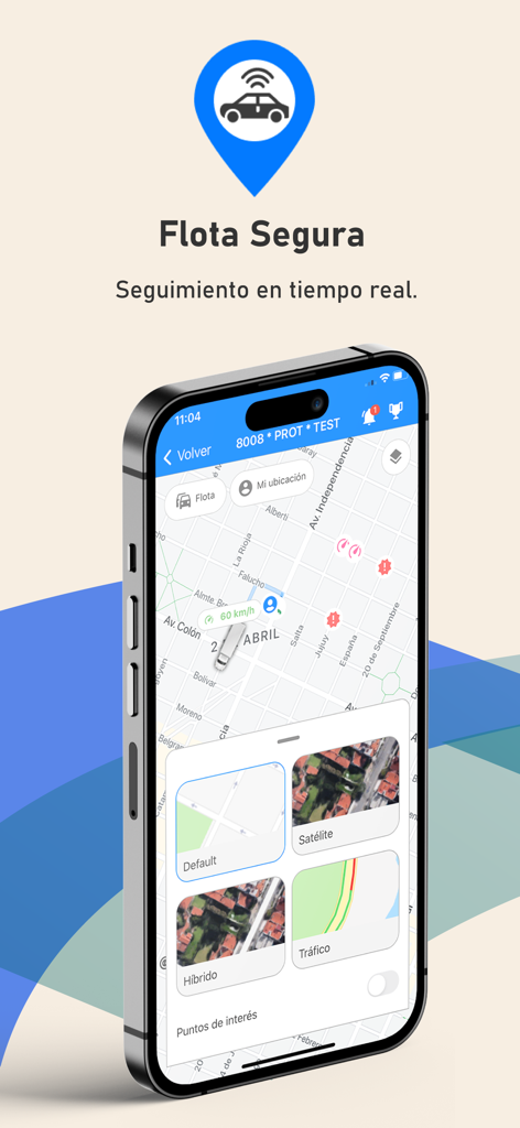 Interfaz de rastreo de vehículos en tiempo real en el mapa de la aplicación móvil Flota Segura