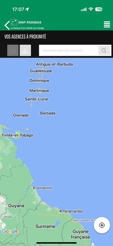 BNP Paribas Antilles-Guyane - Google Map interface in the BNP Paribas app showing bank branch locations across the Caribbean islands and French Guiana