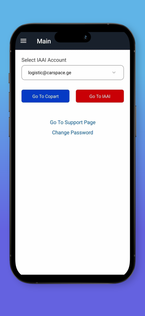 Carspace App - Carspace App main screen showing account selection and navigation buttons for Copart and IAAI auctions