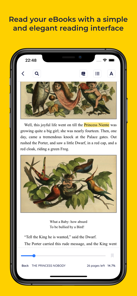 BookFusion-App zeigt ein illustriertes eBook mit einer übersichtlichen Leseoberfläche und Markierungswerkzeugen auf einem Smartphone.