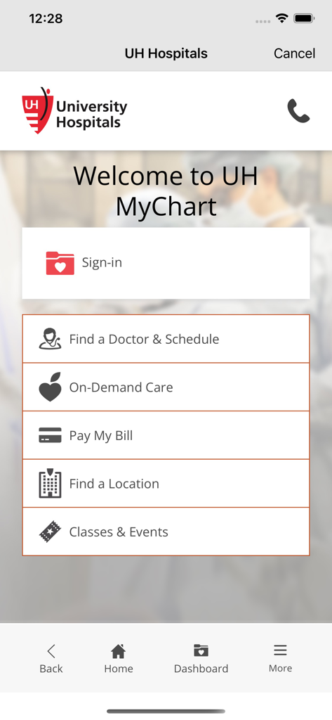 UH MyChart - UH MyChart app home screen showing options to sign in, find a doctor, and pay bills