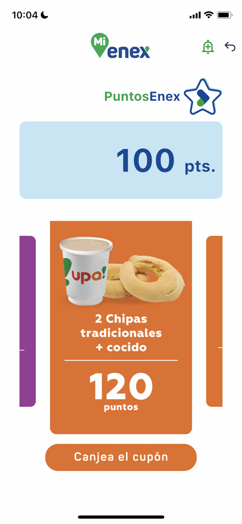 Mi Enex - Mi Enex app screen showing loyalty points and food reward coupon