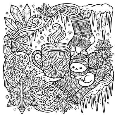 Embrace the serene beauty of winter with this detailed adult coloring page. It combines the intricate elegance of ice formations with the warmth of cozy weekend comforts, perfect for a relaxing creative escape.