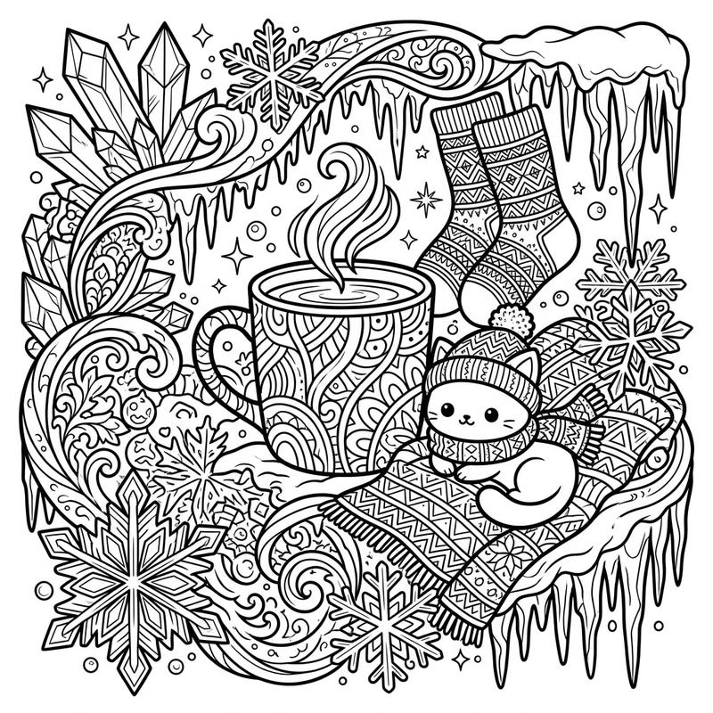 Embrace the serene beauty of winter with this detailed adult coloring page. It combines the intricate elegance of ice formations with the warmth of cozy weekend comforts, perfect for a relaxing creative escape.