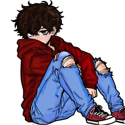 a male hoddie ripped jeans messy hair anime