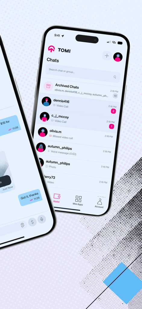 TOMI Web3 SuperApp interface showing a list of private chats and a navigation bar with wallet and mini apps features