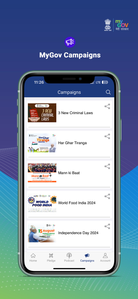 A list of active government campaigns on the MyGov India mobile app including Mann ki Baat and Har Ghar Tiranga.