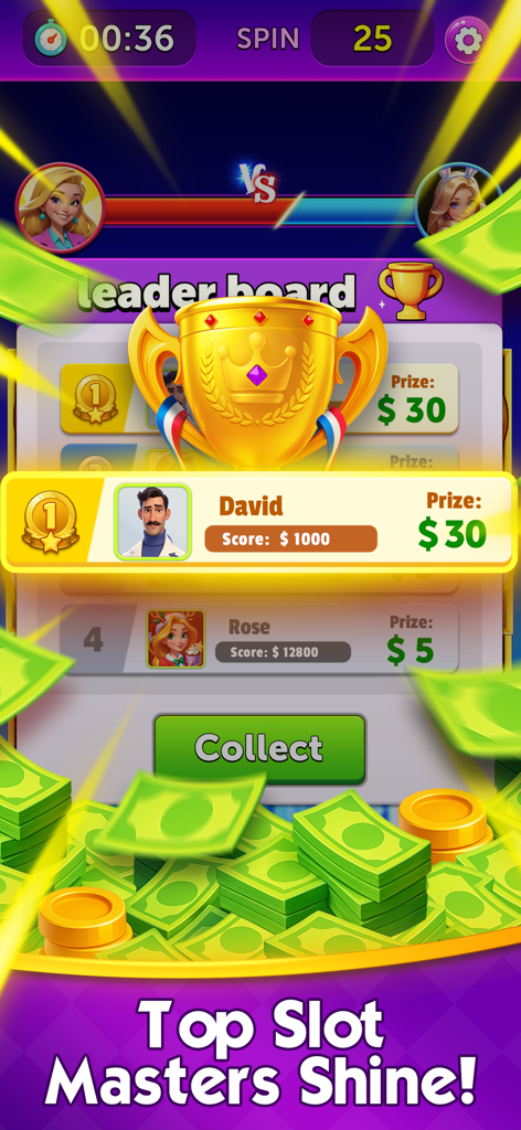 Cash Carnival - Win Real Money - 돈 더미와 함께 30달러의 현금 상금을 획득한 플레이어를 보여주는 캐시 카니발의 리더보드