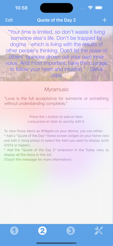 Quote of the Day Widget - Uma interface de aplicativo móvel exibindo citações motivacionais em um fundo estético desfocado com opções para personalizar widgets